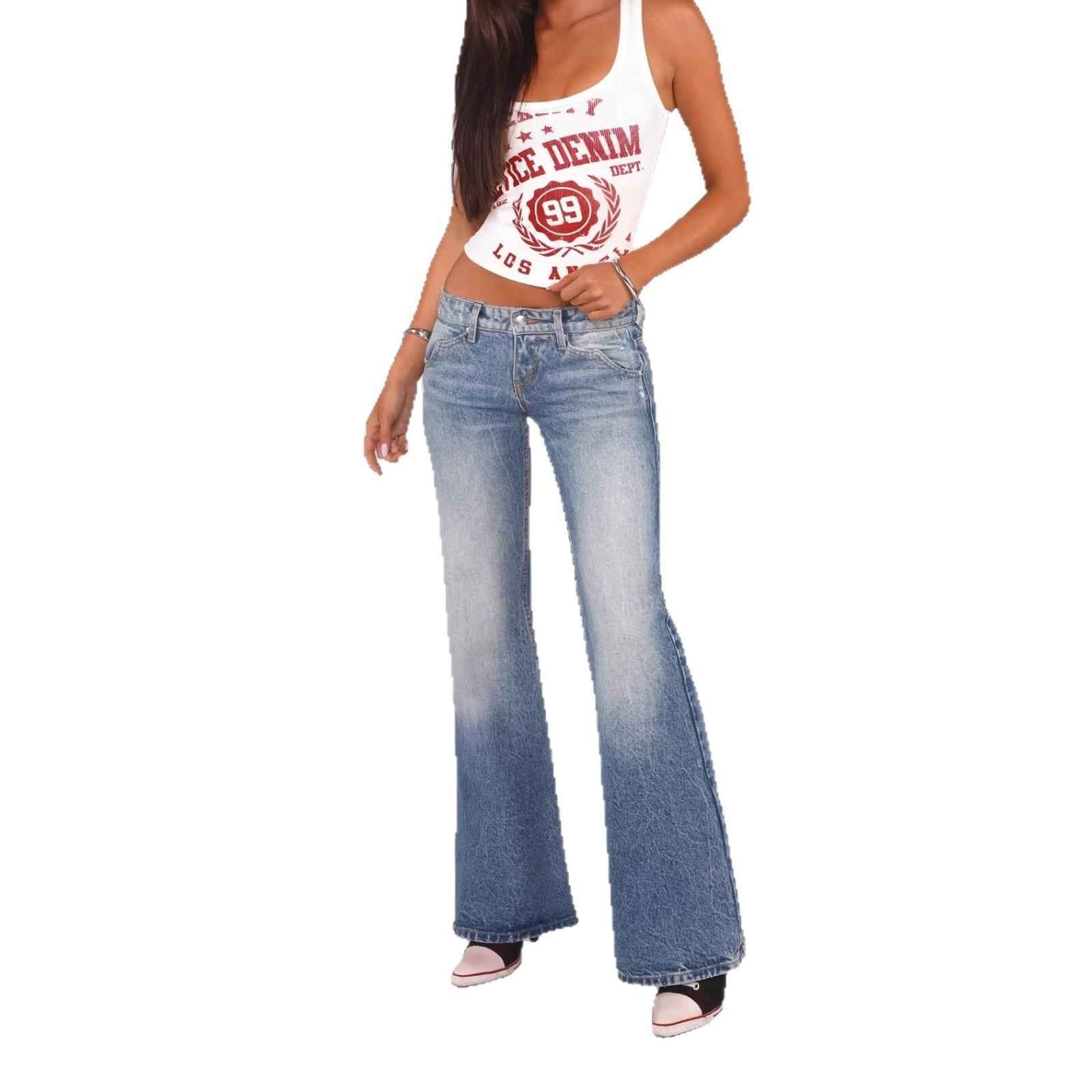 Low-Rise Straight-Leg Denim Jeans – Washed Blue Street Style