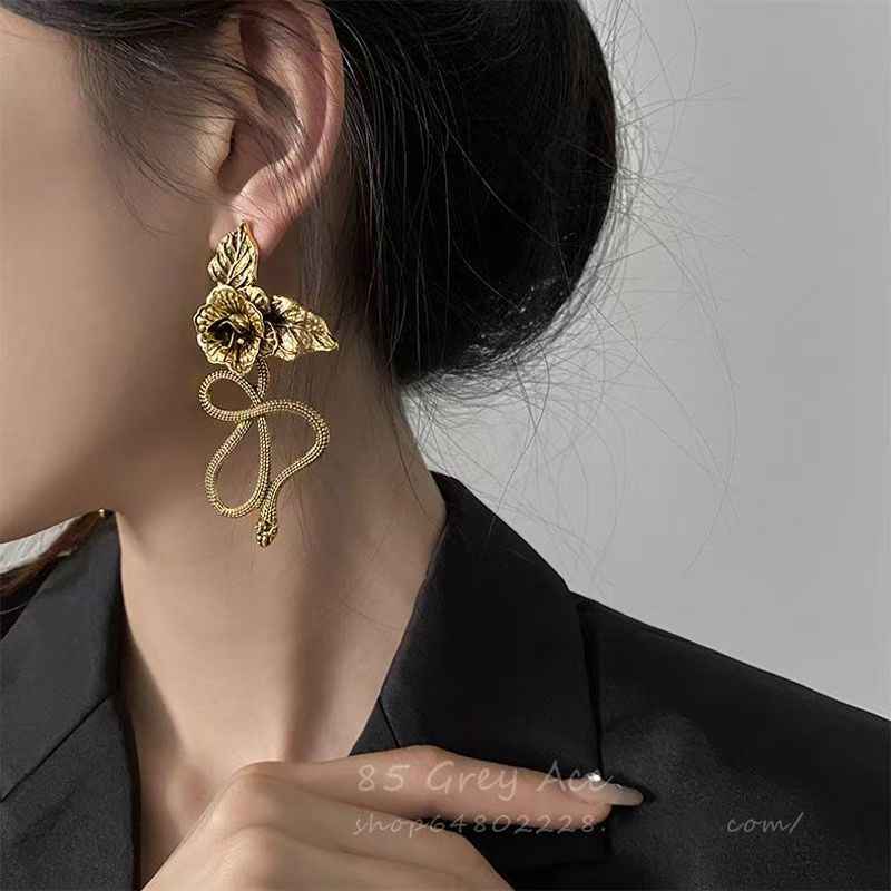 Snake & Flower Dangle Earrings – Bold European Niche Jewelry