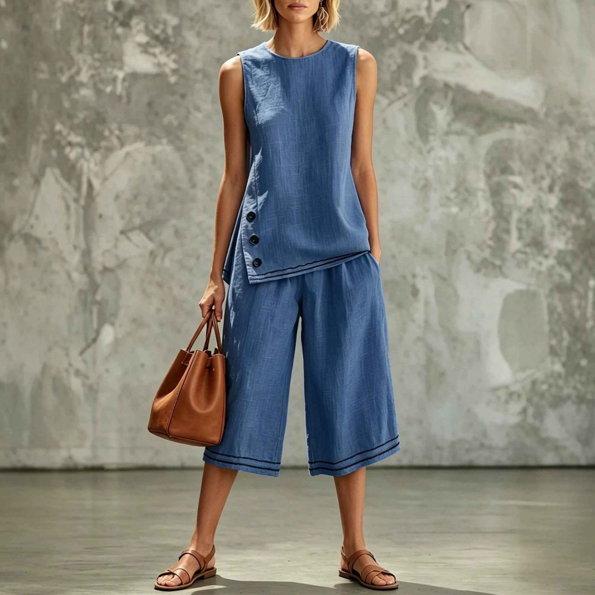 Colour-Block Sleeveless Side-Split Tank Top & Wide-Leg Cropped Pants Two-Piece Set