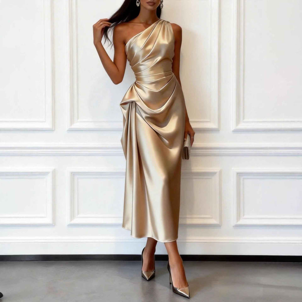 High-elastic Satin Sleeveless Off-shoulder Mid-length Waist-cinching Dress