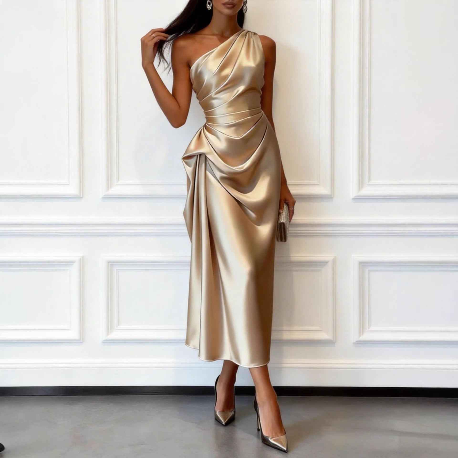 High-elastic Satin Sleeveless Off-shoulder Mid-length Waist-cinching Dress