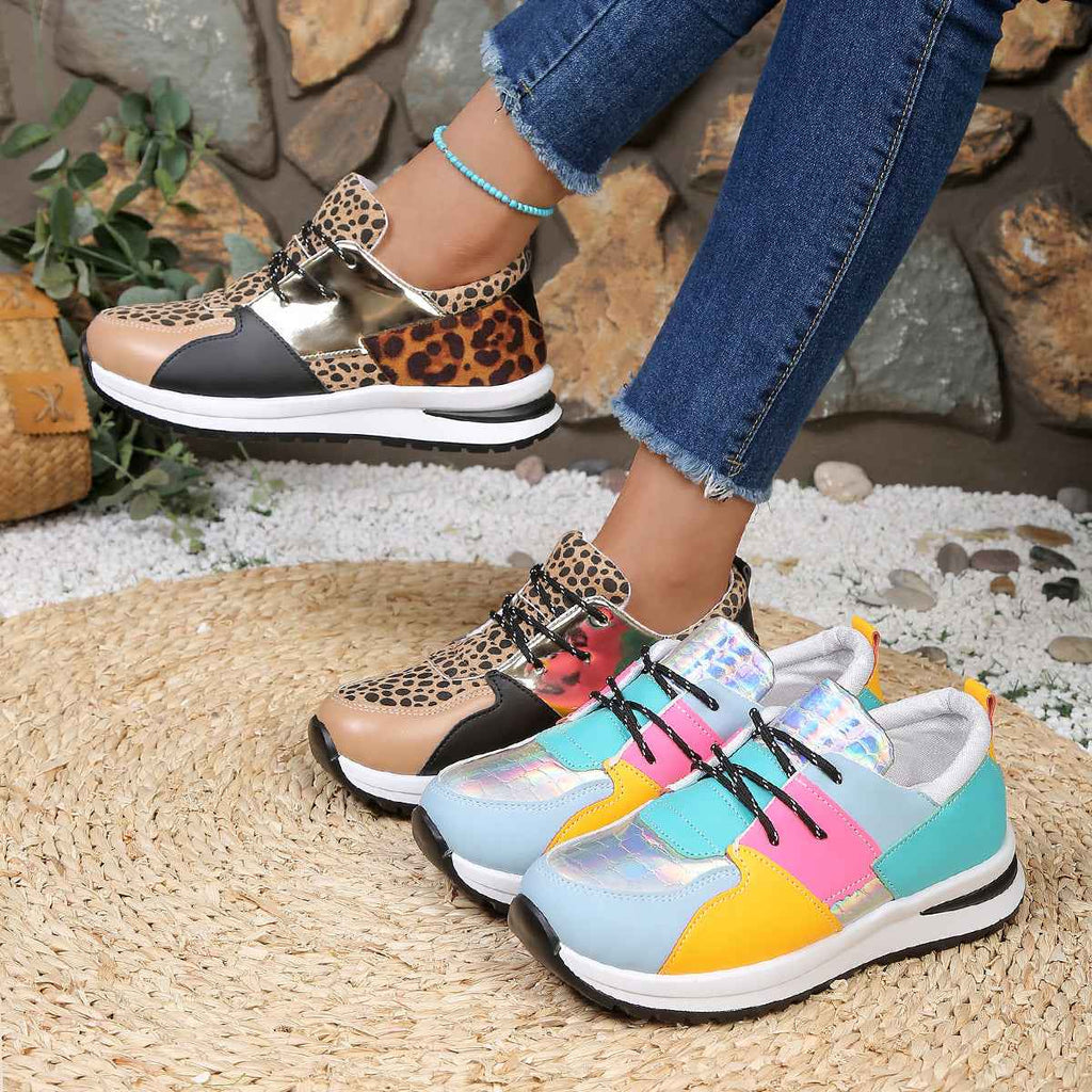 Women's High-Top Platform Sneakers – Leather Color Block & Leopard Print