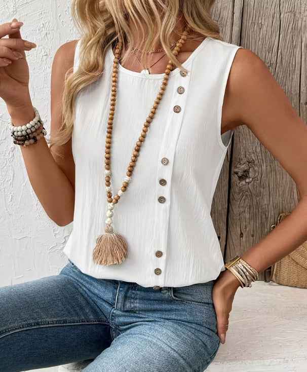 Round-Neck Loose Cotton Tank Top — White