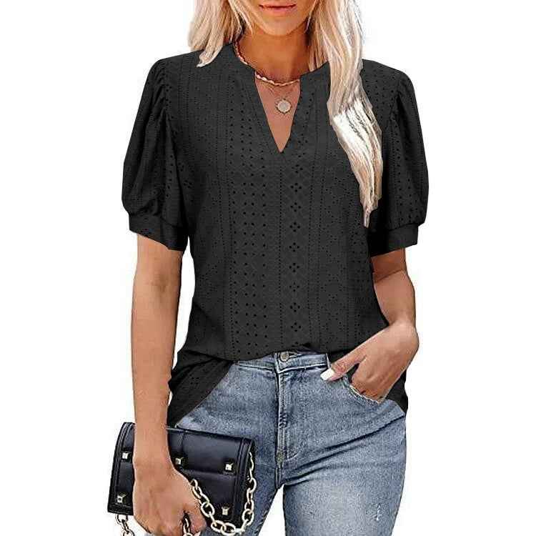Women's Puff Sleeve V-Neck Top — Hollow-Out Loose Summer T-Shirt