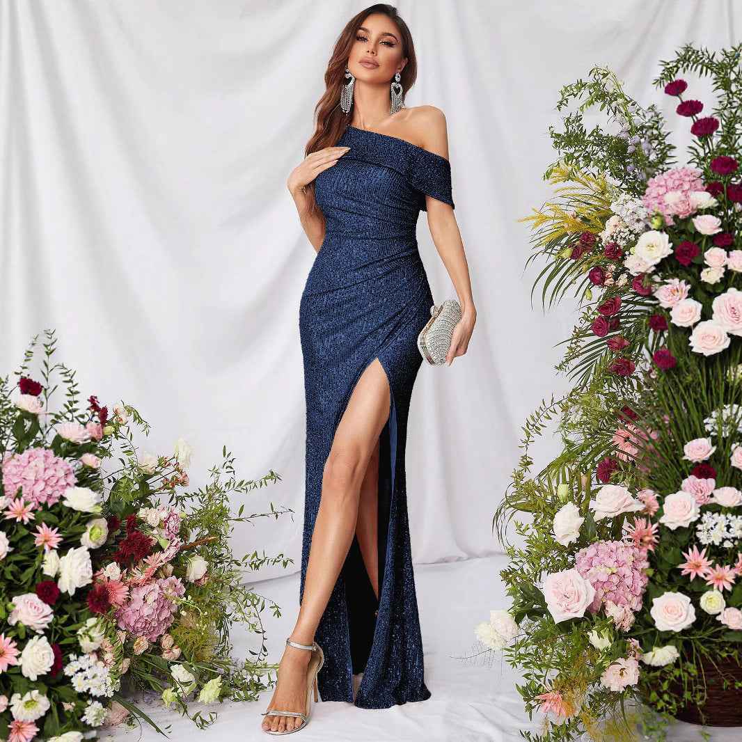 One-Shoulder Sequin Evening Gown – High Slit Maxi for Women