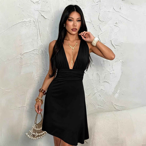 Deep V Halter Neck A-Line Mini Dress