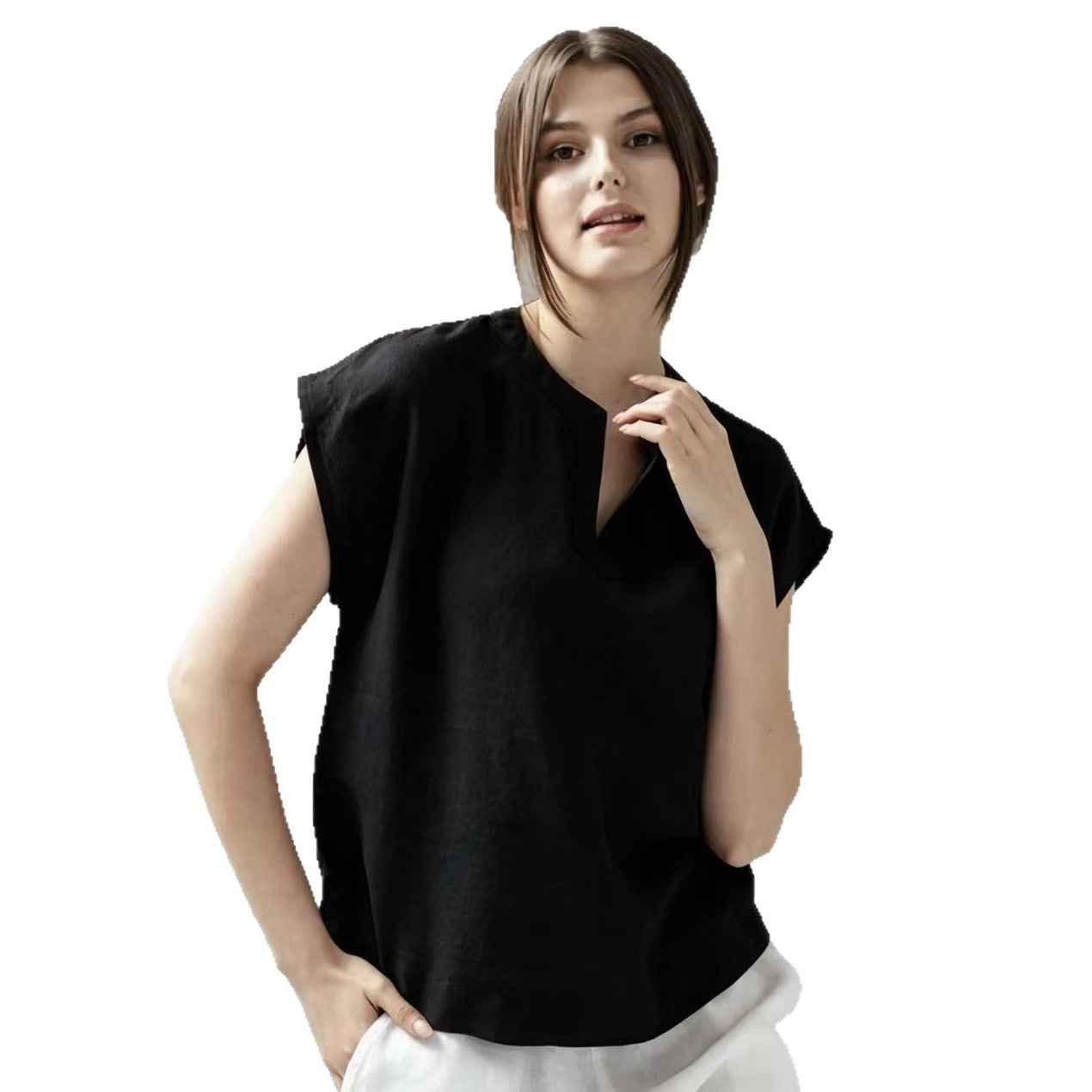 V-Neck Linen Short Sleeve Pullover Top