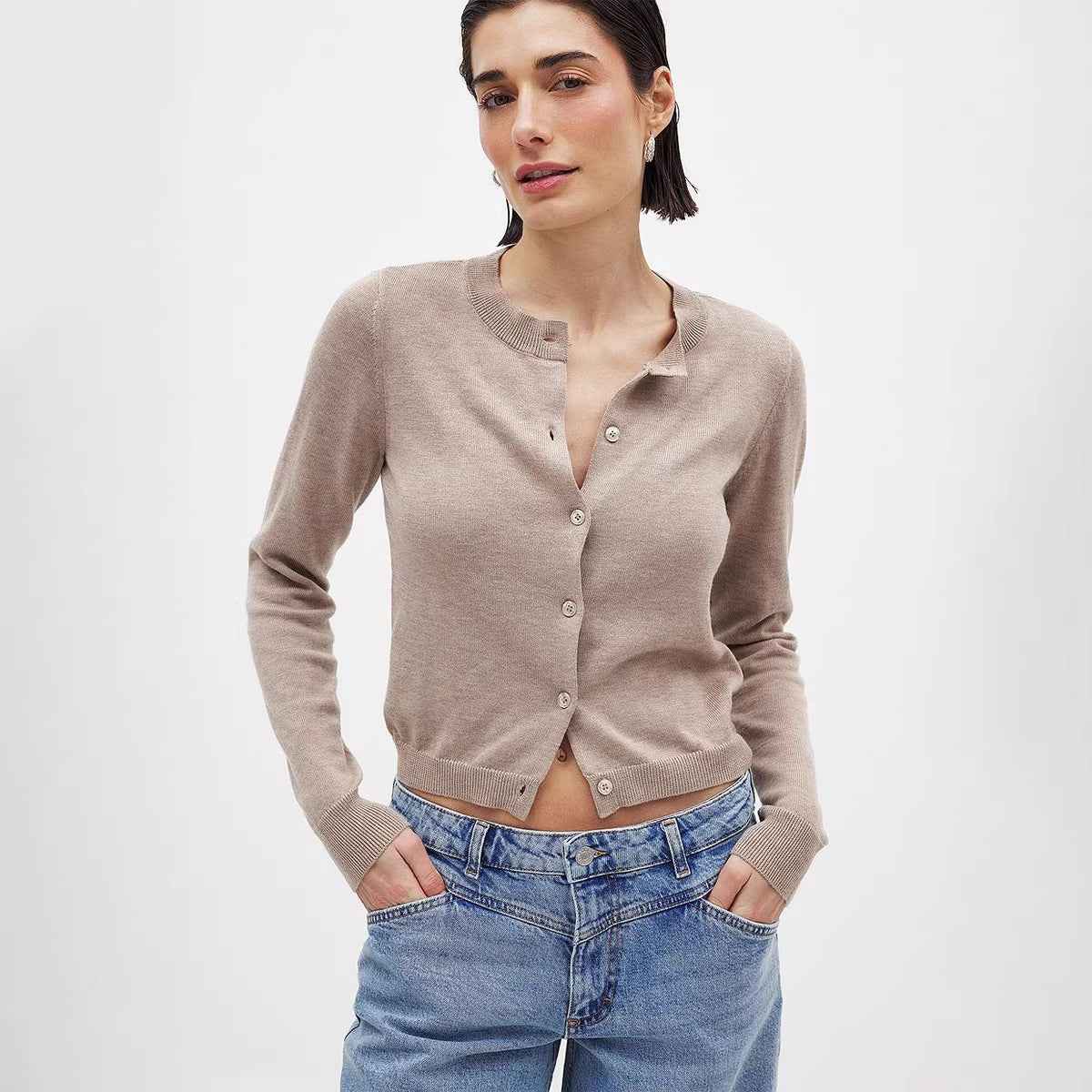 Viscose Knit Crew Neck Top | Slim Fit Long Sleeve Cardigan