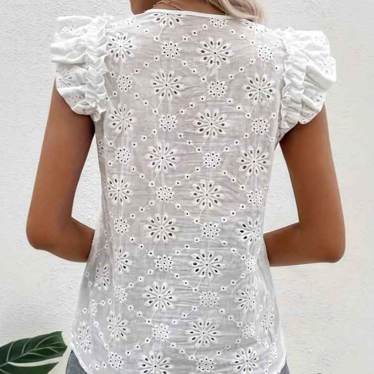 Openwork Ruffle Butterfly Sleeve Top
