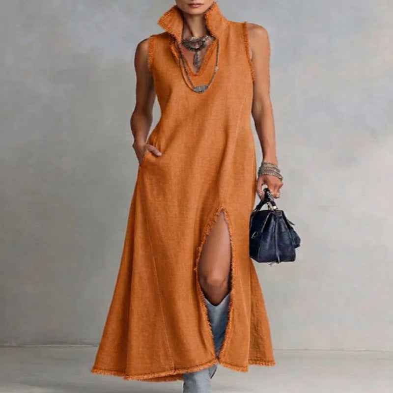 Womens V-neck Sleeveless Tassel-panel Split Cotton-linen Dress