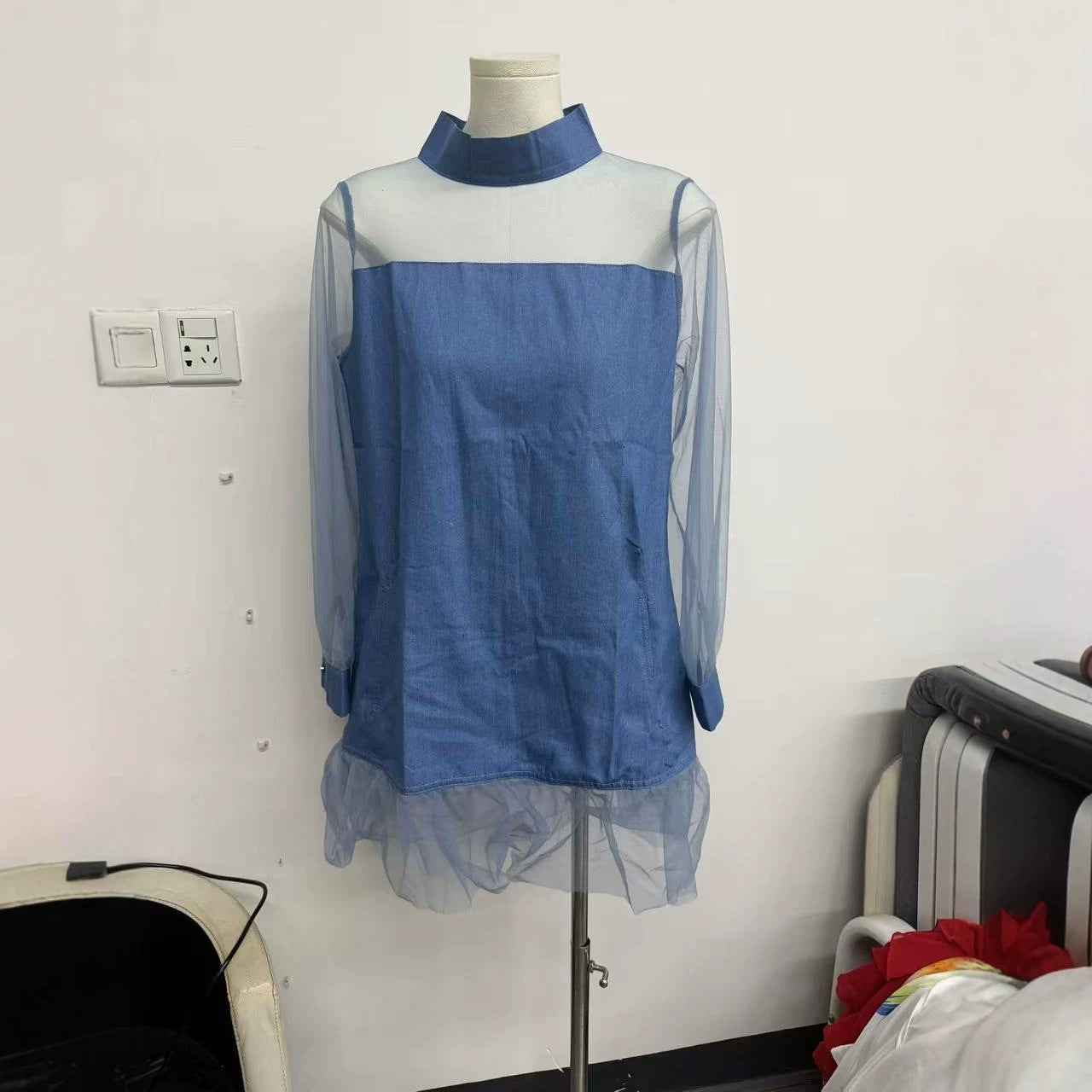 Contrast Panel Mock-Collar Denim Mini Dress