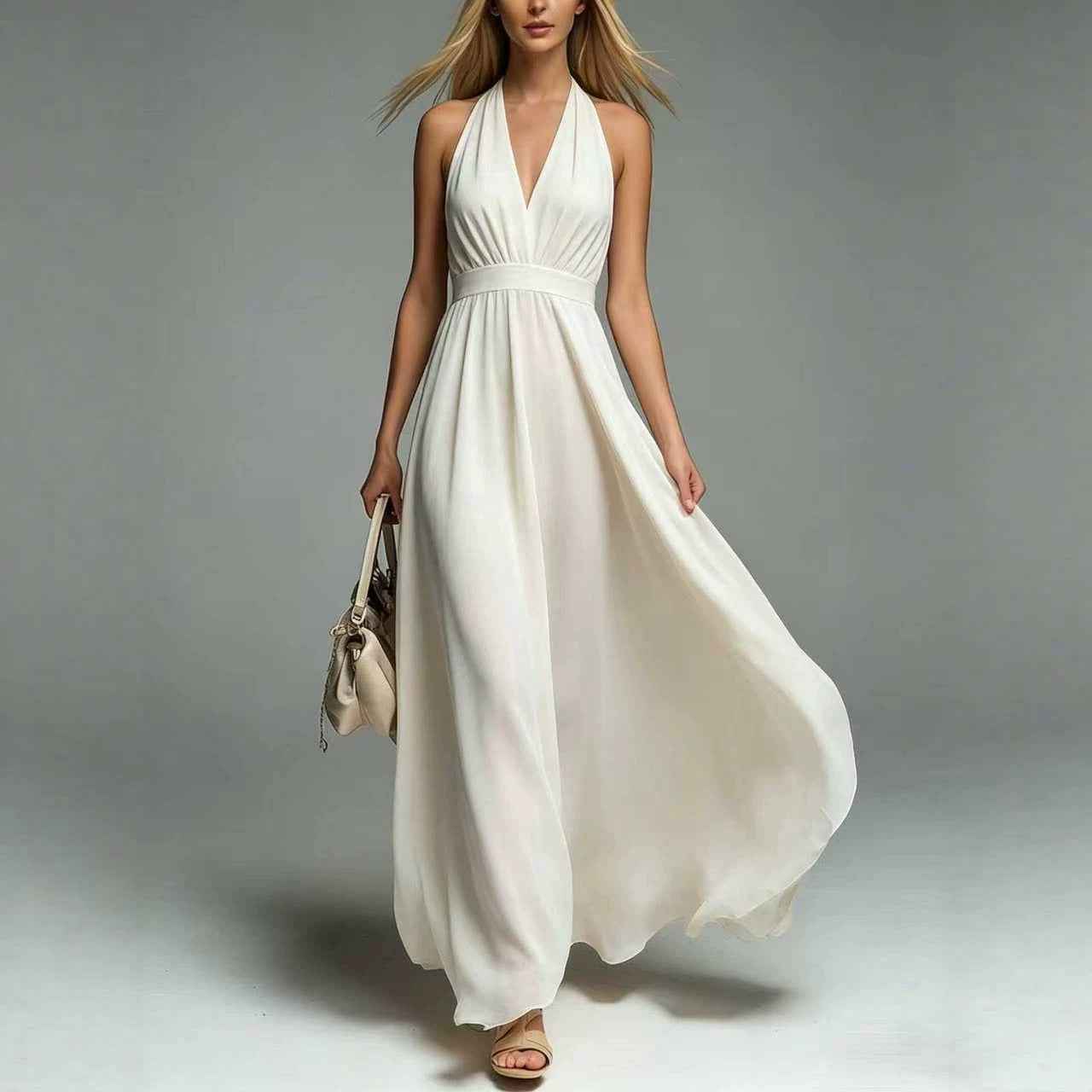 Womens New Solid-color V-neck Sleeveless Waist-cinching Dress