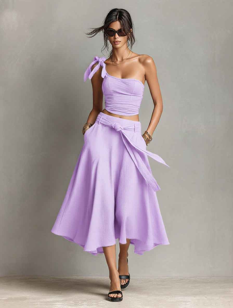 Off-Shoulder Strap Top With Slanted Shoulders High-Waisted A-Line Long Skirt Womens Set