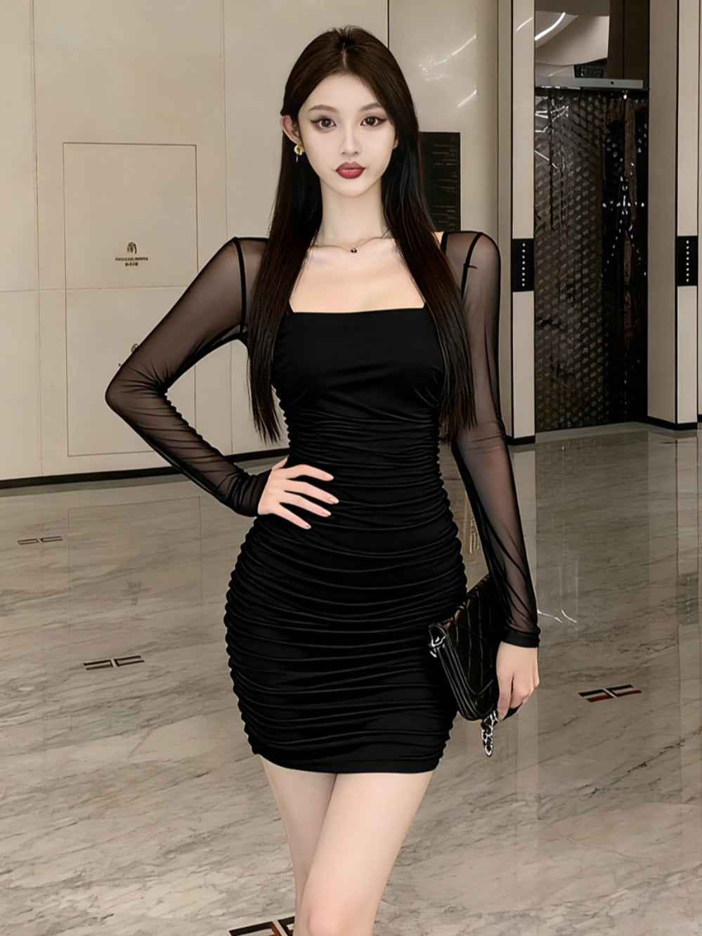 High-Waist Long-Sleeve Slim Dress — Sexy Elegant One-Piece