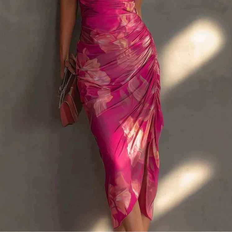 Strapless Backless High-Slit Dress — Printed High-Waist