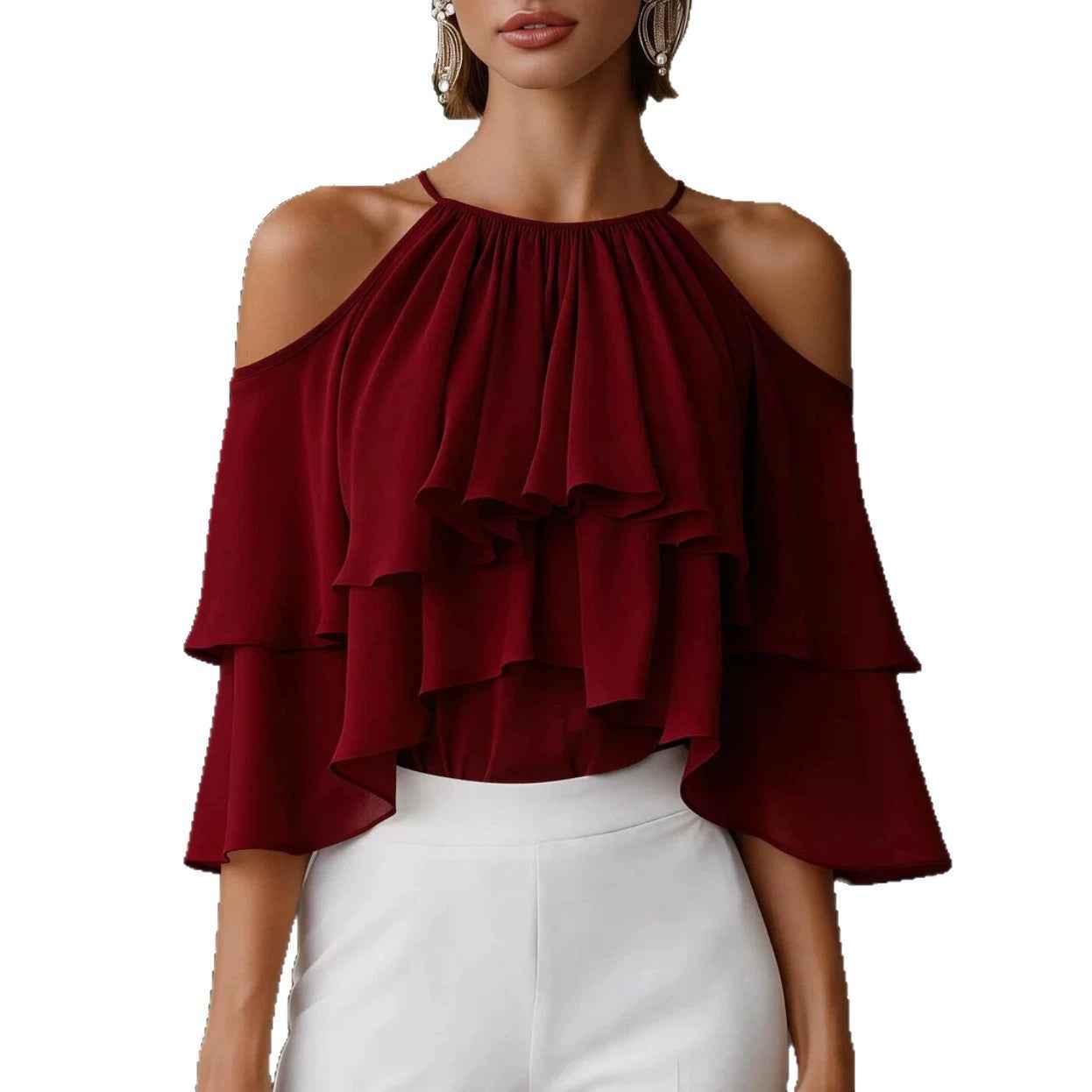 Summer Stylish And Elegant Versatile Off-shoulder Ruffled Chiffon Blouse