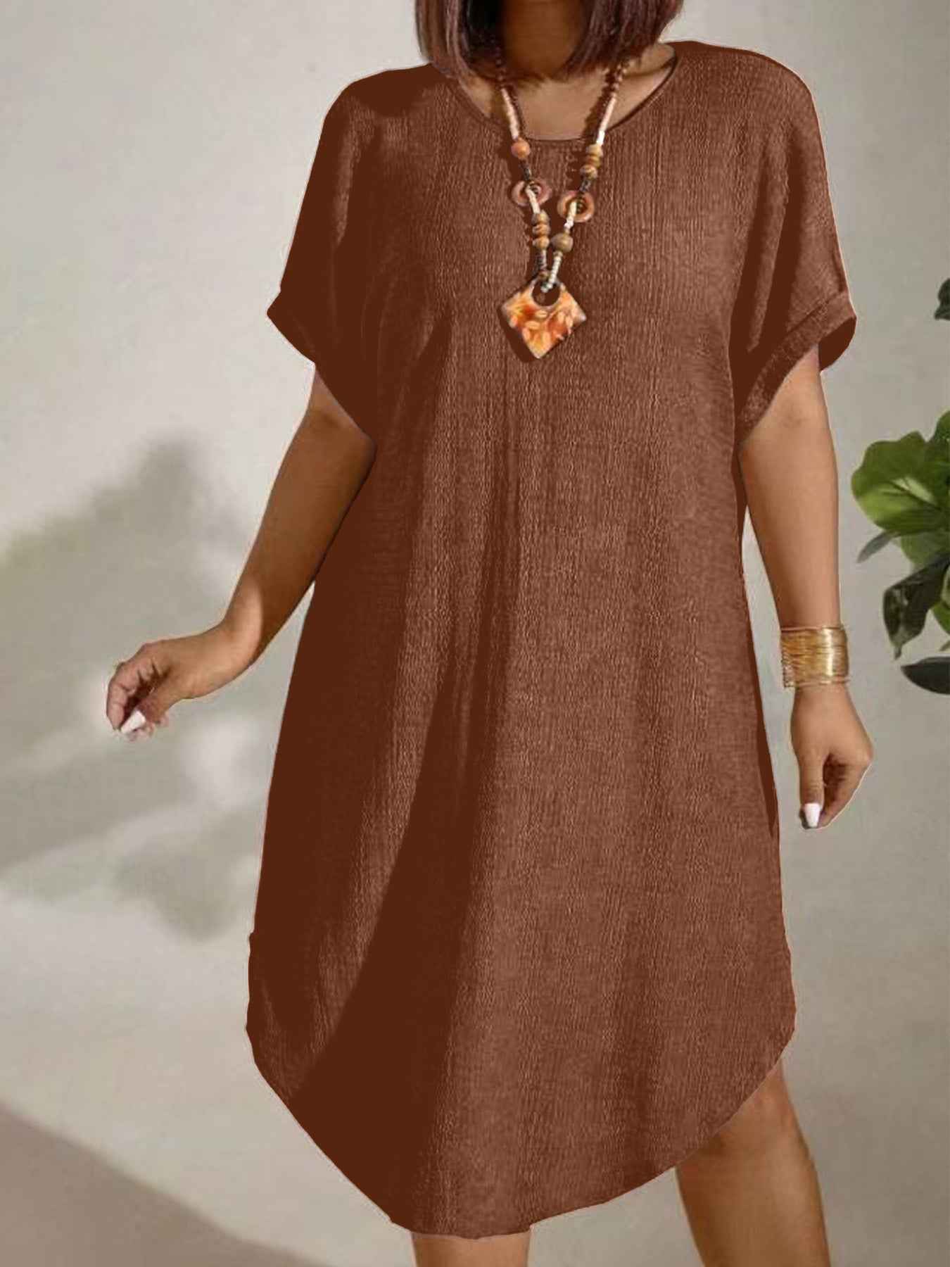 Womens Solid-color Loose-fitting Casual Round-neck Dress