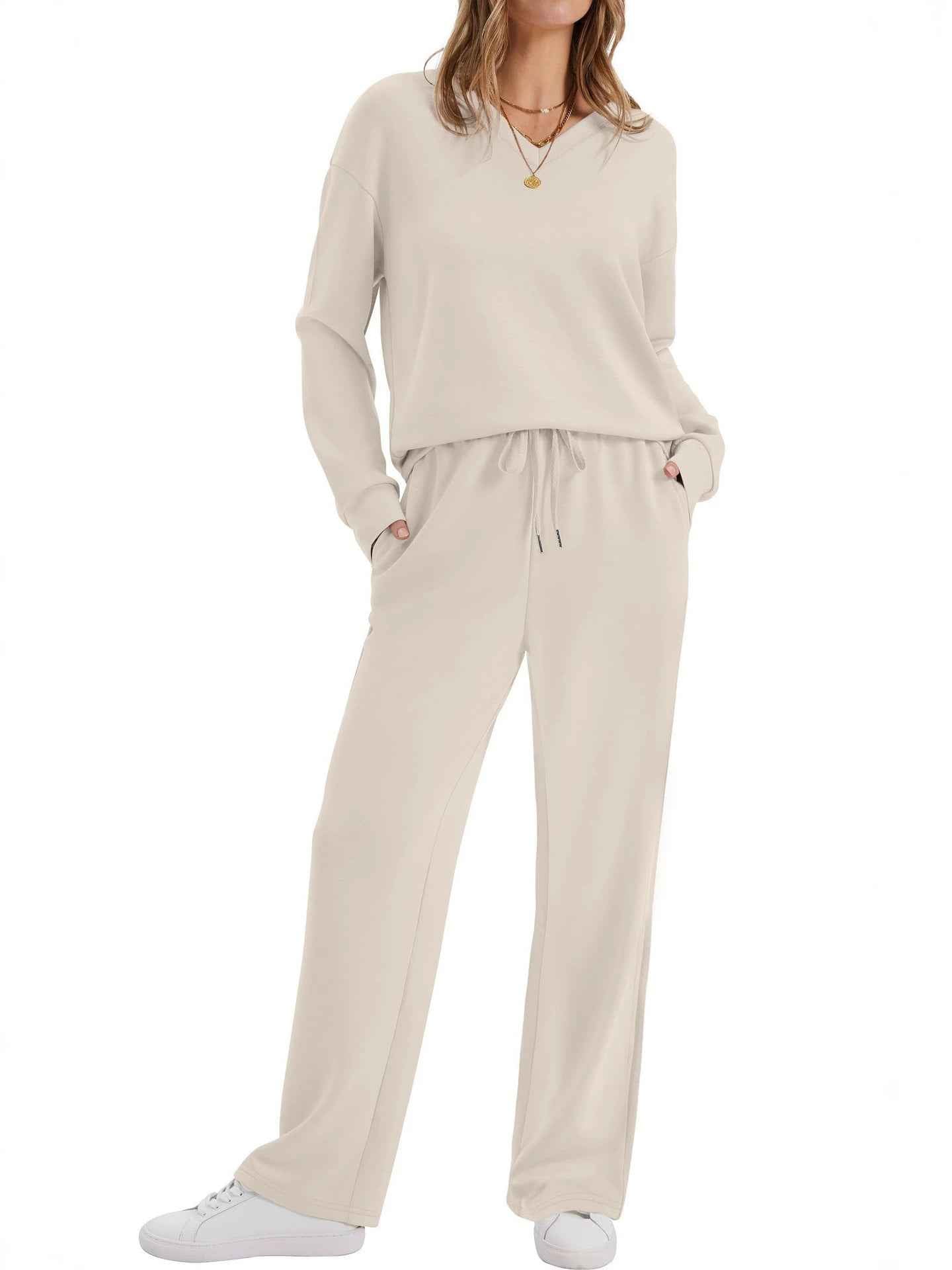 Women's Long-Sleeve Drawstring Casual Pants Set