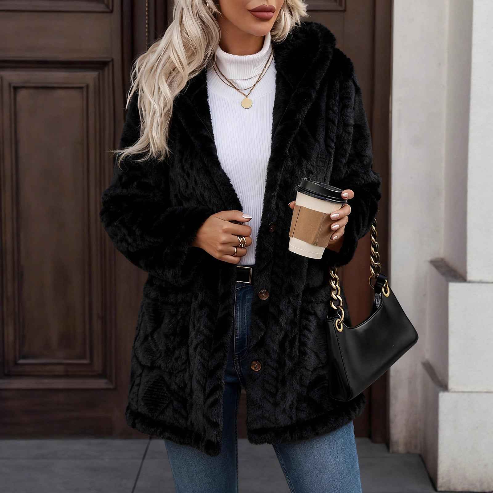 Women's Hooded Button Cardigan Jacket – Thick Knit, Long Sleeve