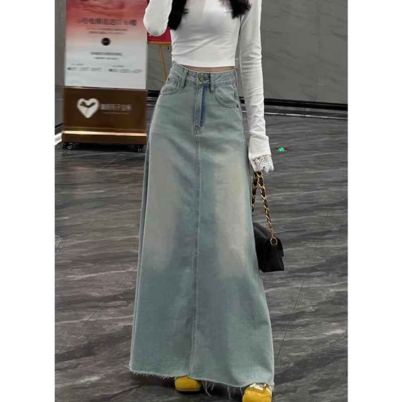 Women's High-Waist Washed Denim Skirt — Straight Leg, Cropped, Retro Blue
