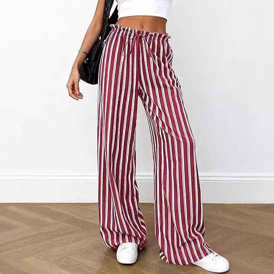 Striped Relaxed-fit Casual Wide-leg Trousers With An Elastic Waist