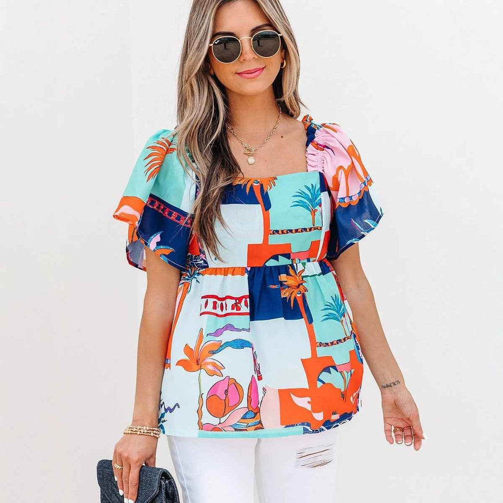 Colour-Block Square-Neck Flounce Sleeve Loose Top