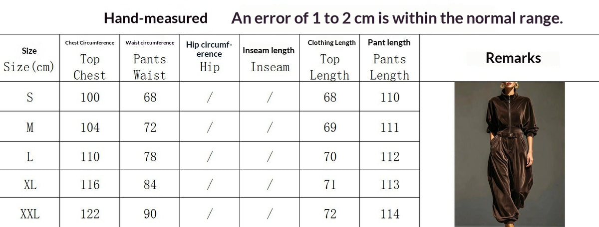 Women's Velvet Mandarin-Collar Pantsuit - Size Chart
