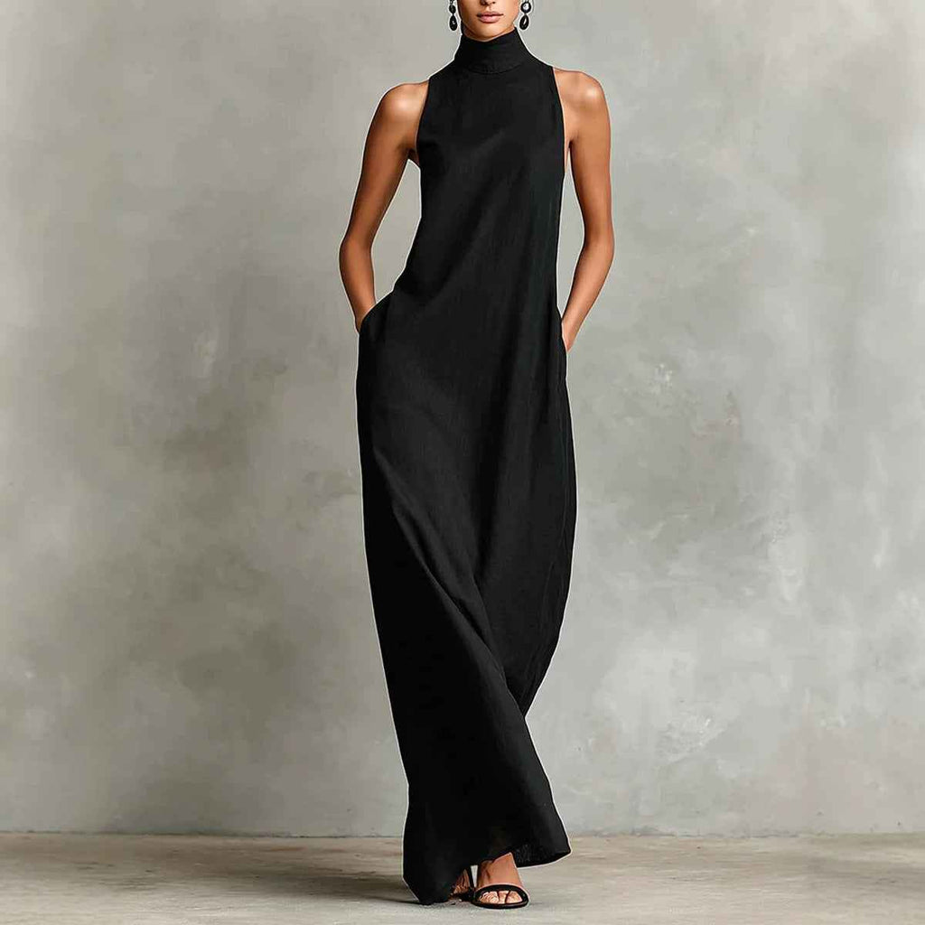 Linen Turtleneck Sleeveless Maxi Loose-fitting Minimalist Casual Style Long Dress