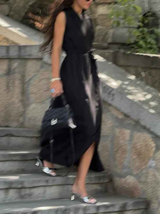 Sleeveless Lapel Wrap Belted Midi Blazer Dress