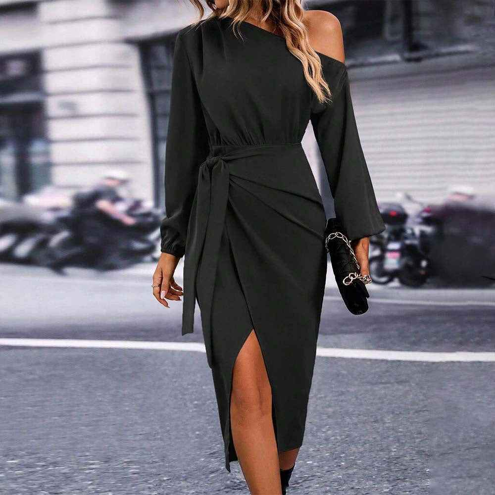 Women's Off-Shoulder Side-Slit Slim-Fit Midi Dress — Black