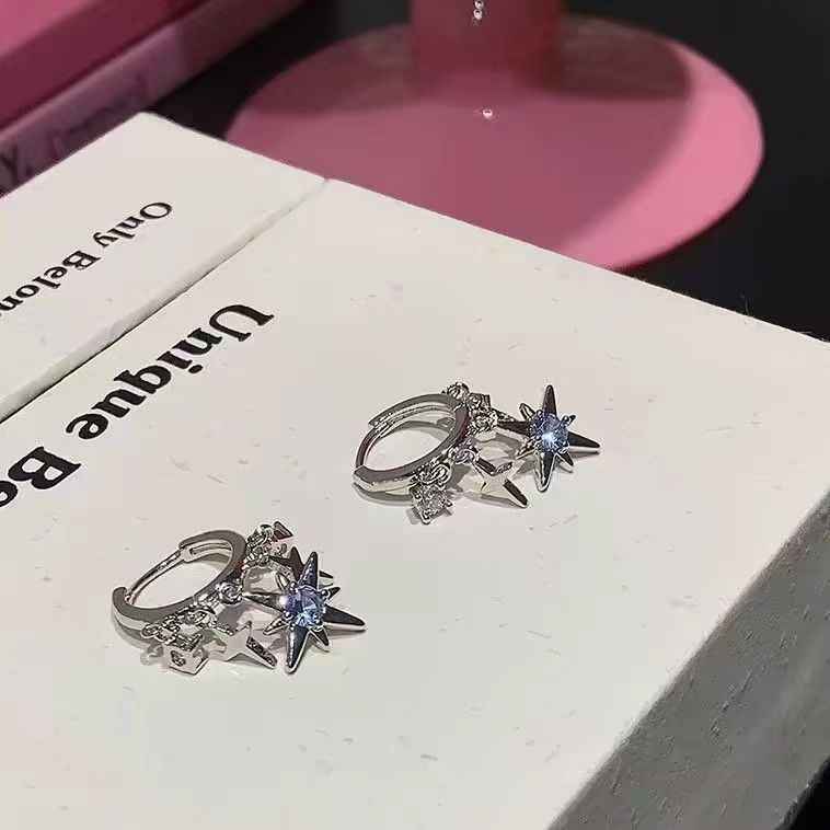 Sweet & Cool Style Blue Sparkling Rhinestone Eight-Pointed Star Drop Earrings For Women, Fashion Versatile Elegant Star Pendant Huggie Ear Jewelry