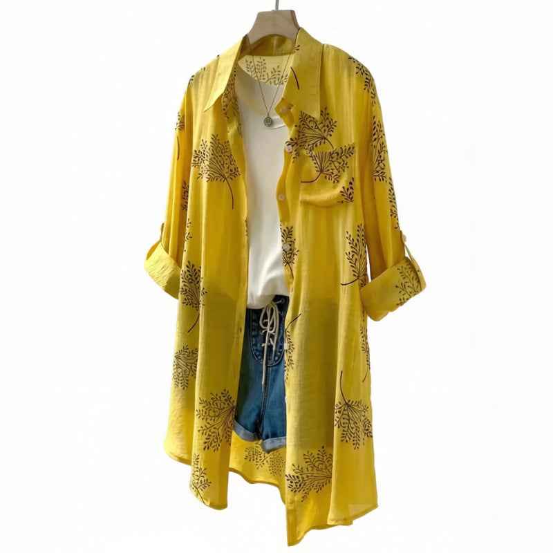Printed Loose-Fit Womens Long-Sleeve Shirt Cuffed Sleeves Casual Style