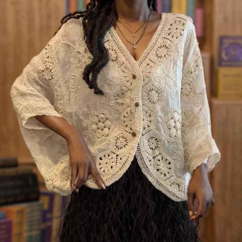 Crochet Lace Sun-Protective Shirt – One-Shoulder Batwing Sleeve