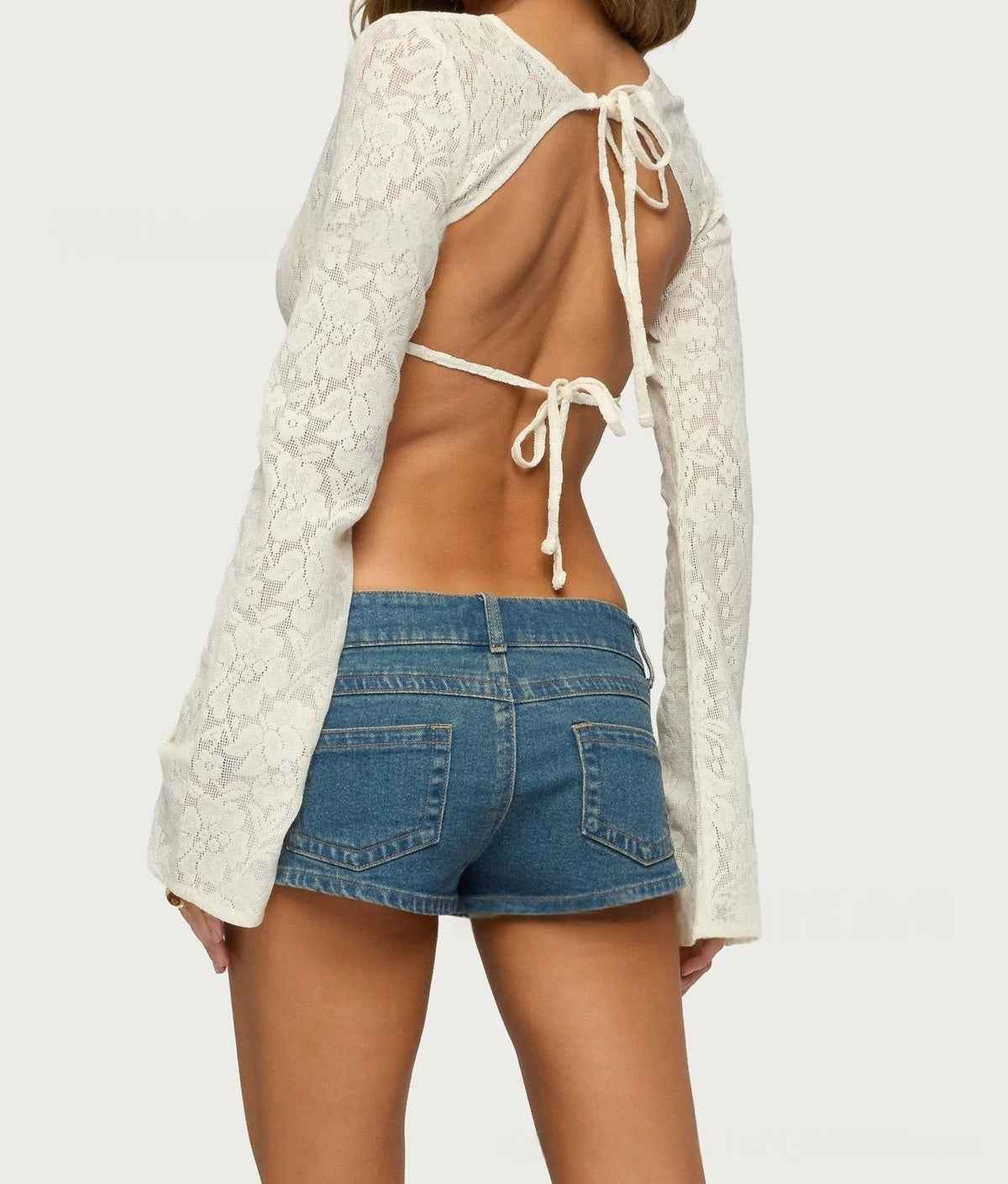 Backless Tie-Up Lace-Panel 3D Effect Top