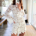 Crochet Lace Floral Double-Layer Round-Neck Long-Sleeve Hollow-Out Midi Dress