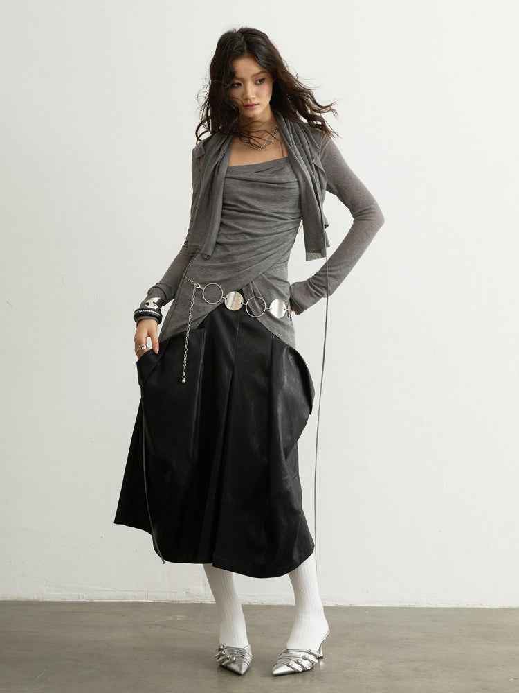 Women’s Pleated Long-Sleeve Blouse – Sculptural Drape Top in Grey | S–L