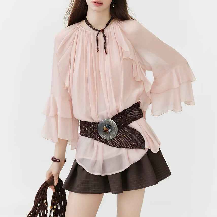 Womens Rayon Long-Sleeve Top With Lace Ruffle Trim