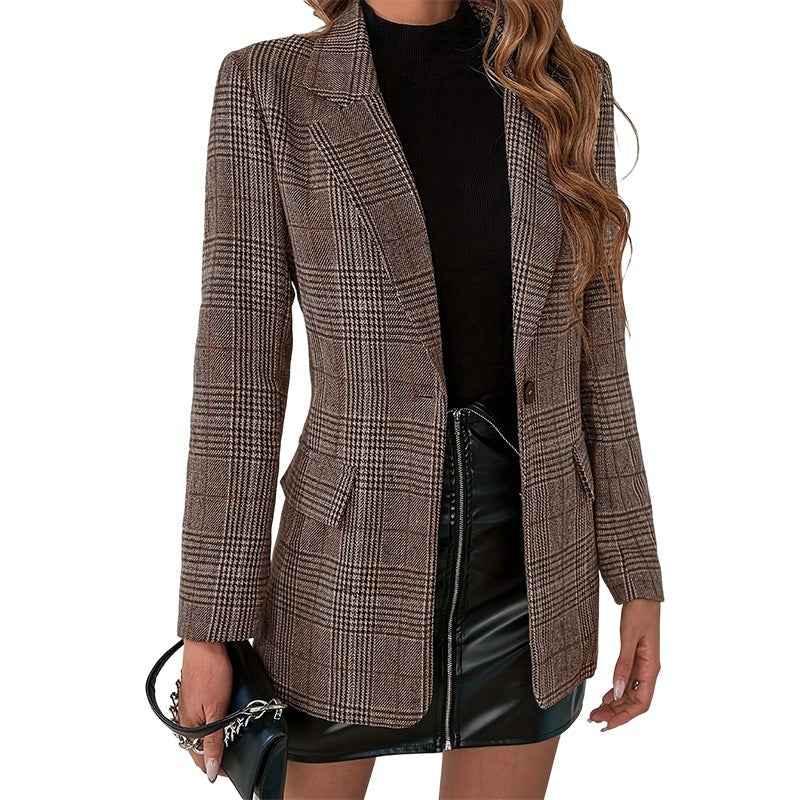 Slim-Fit Plaid Long Sleeve Blazer – Business Professional