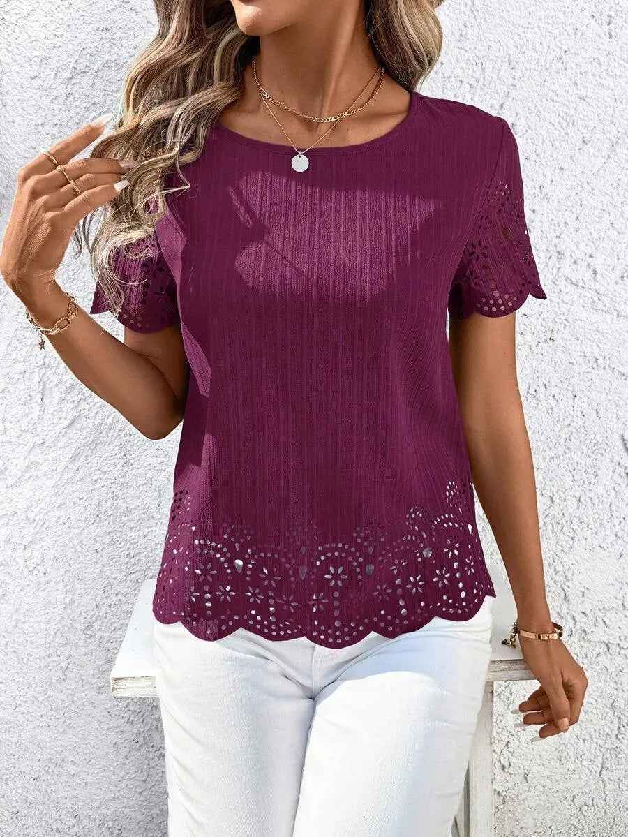 European And American Plus Size Womens Round Neck Hollow Out Short Sleeve Top With Burned Out Floral Design