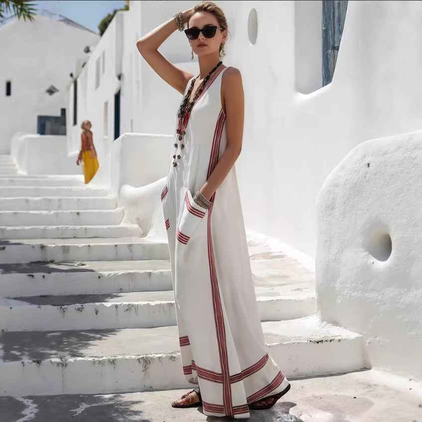 Womens Textured Printed Striped Loose-fit Sleeveless Maxi Dress