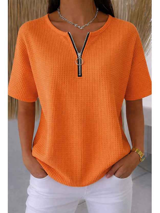 Women's Half-Zip Waffle-Knit Top – Short Sleeve, Regular Fit
