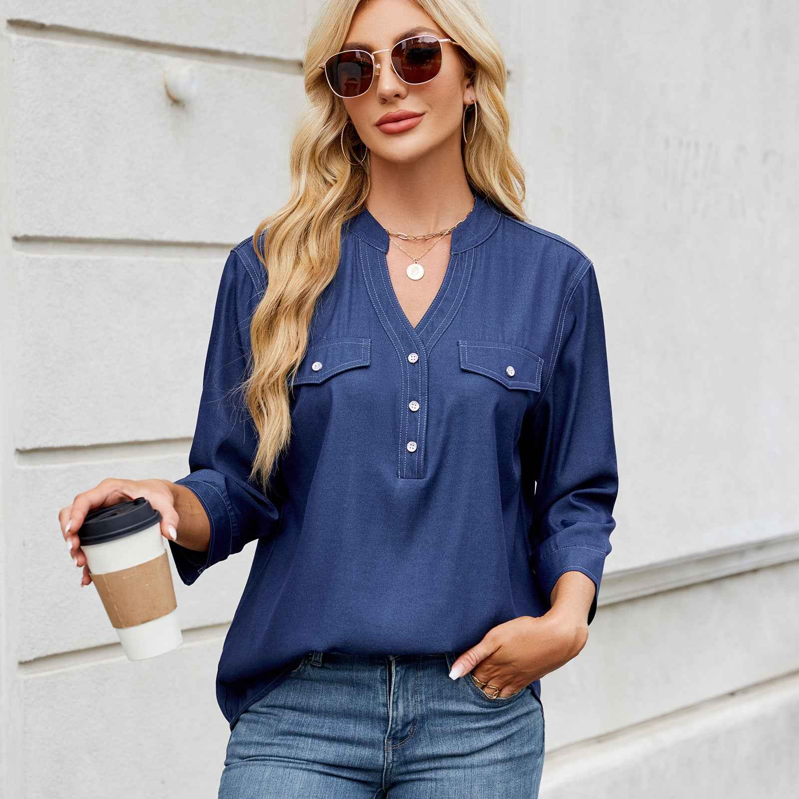 Faux Denim Long Shirt – Casual Loose-Fit Pullover