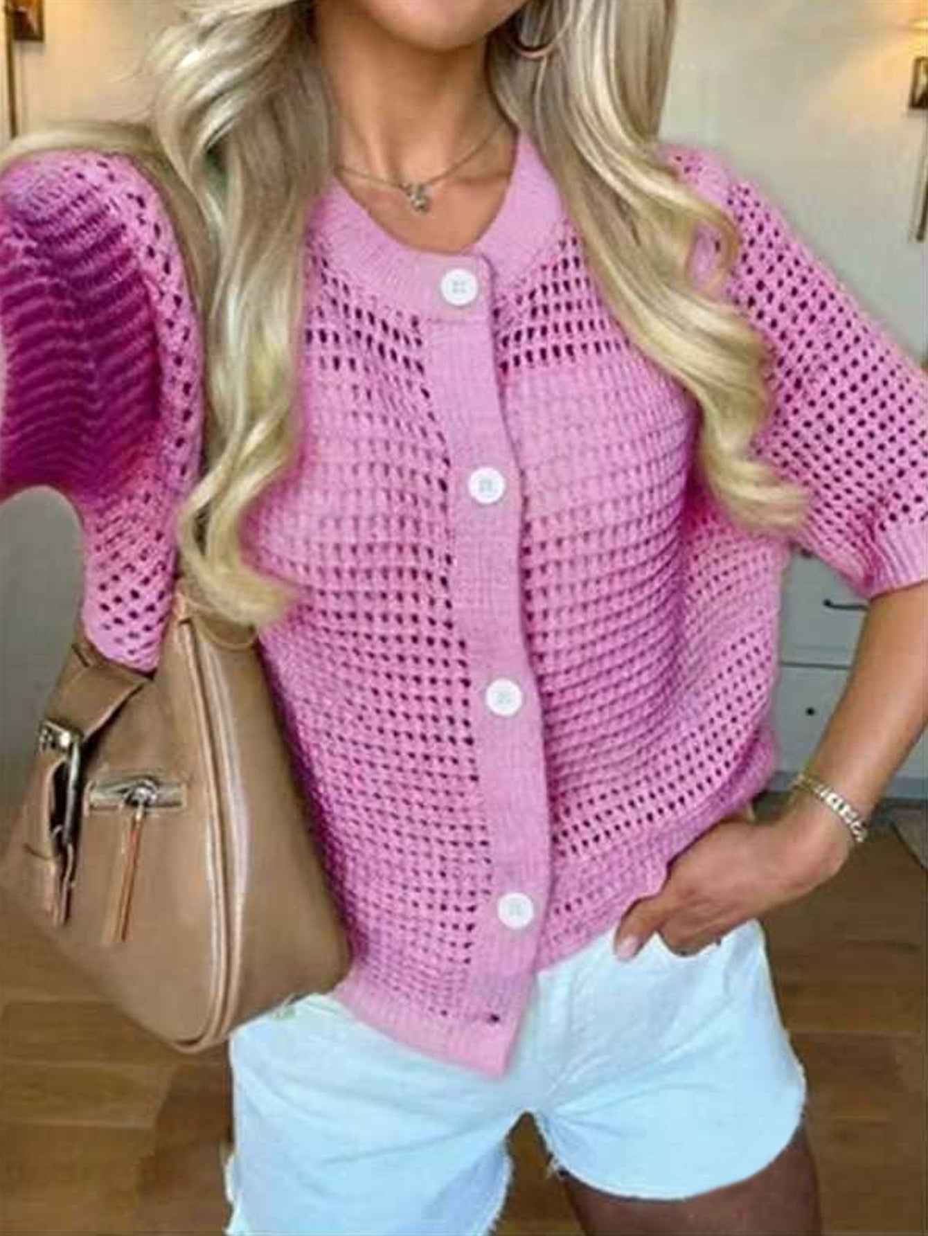 Hollow-Out Knit Open-Front Cardigan