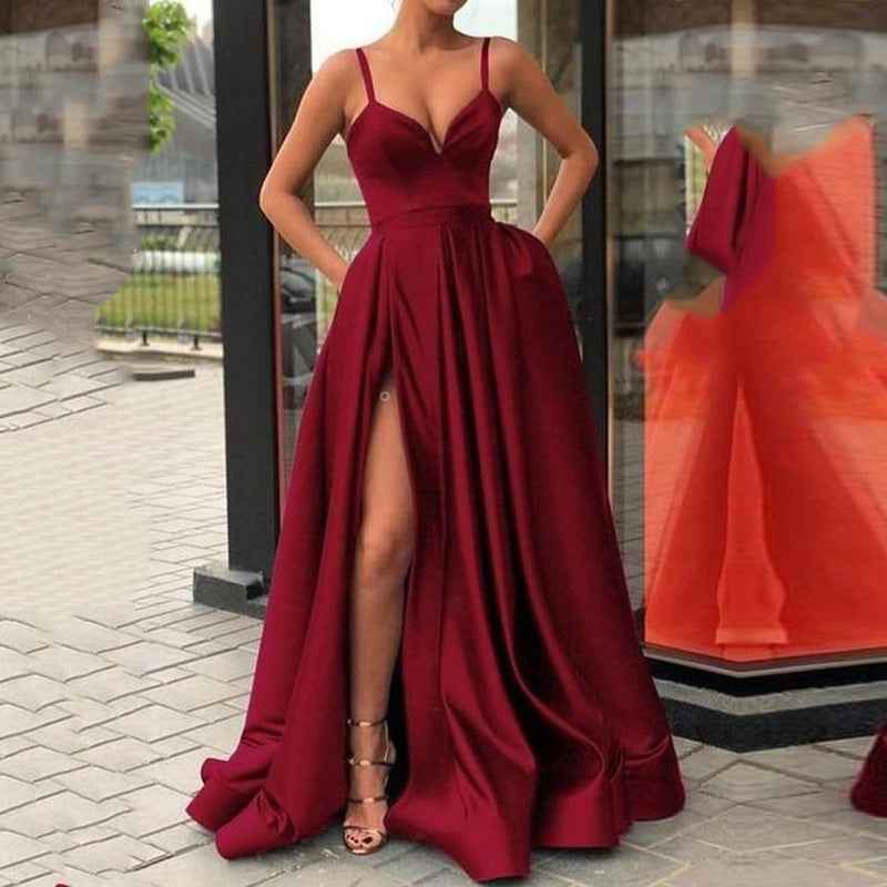 Slimming Color Slip Dress With A Trailing Satin Evening Gown For Banquets