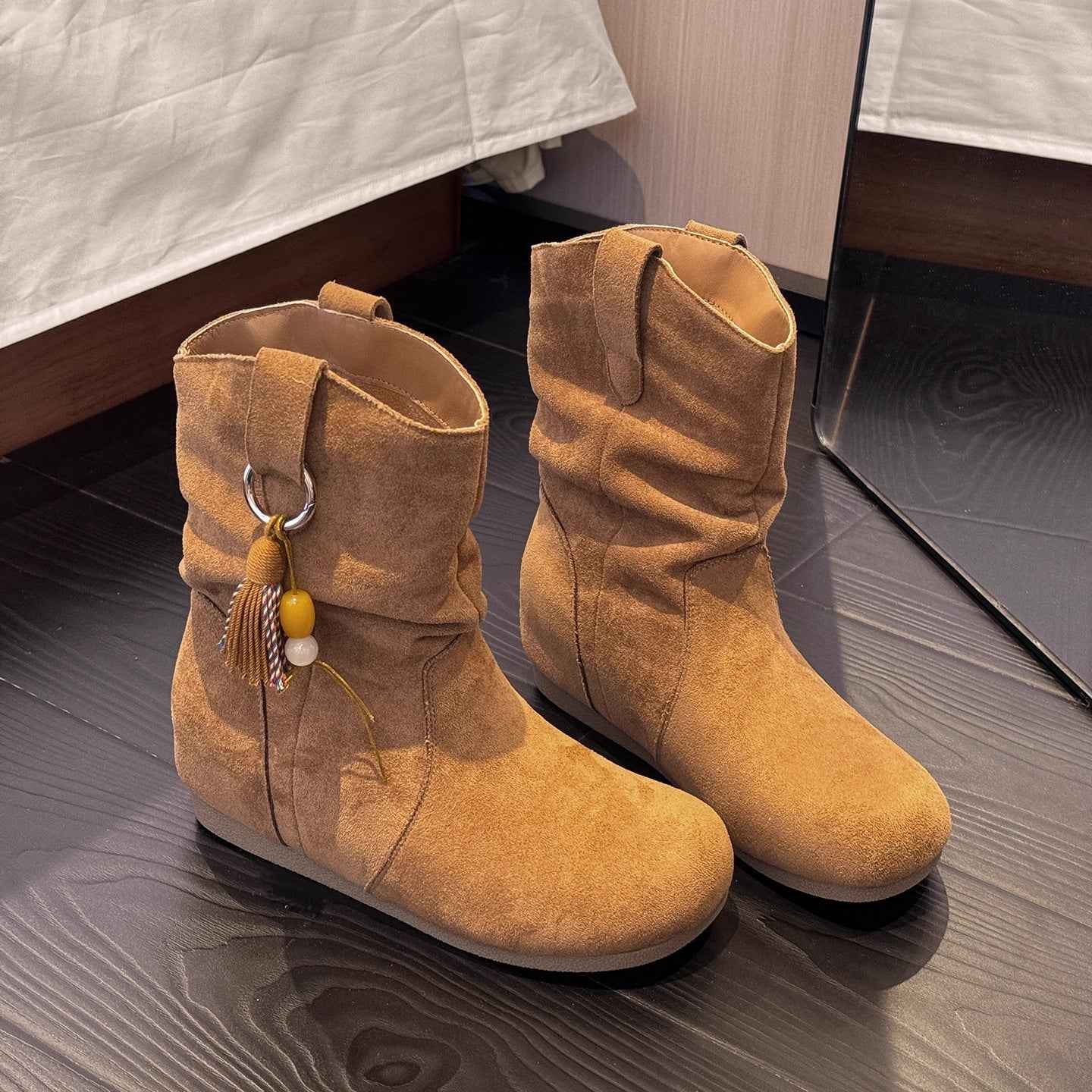 Suede Lace-Up Retro Short Boots — Platform, Square Heel, Korean Style