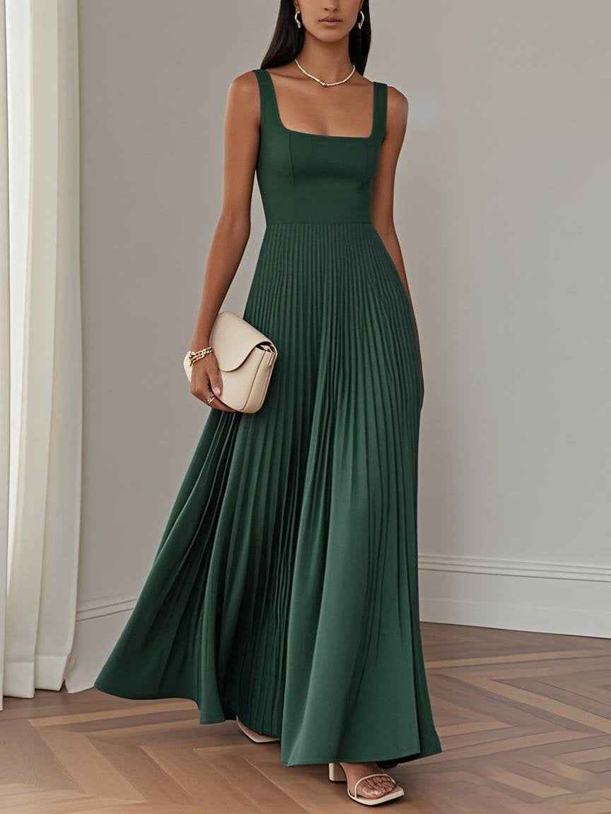 Elegant Pleated Midi Dress – A-Line Sleeveless Patchwork