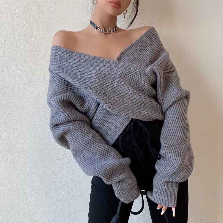 V-neck Solid-color Off-shoulder Knit Pullover For Women