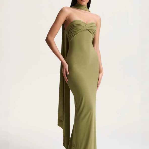 Halter-neck Pleated Knit Wrap Dress Featuring A Twist Detail And A Figure-hugging Fit That Exudes