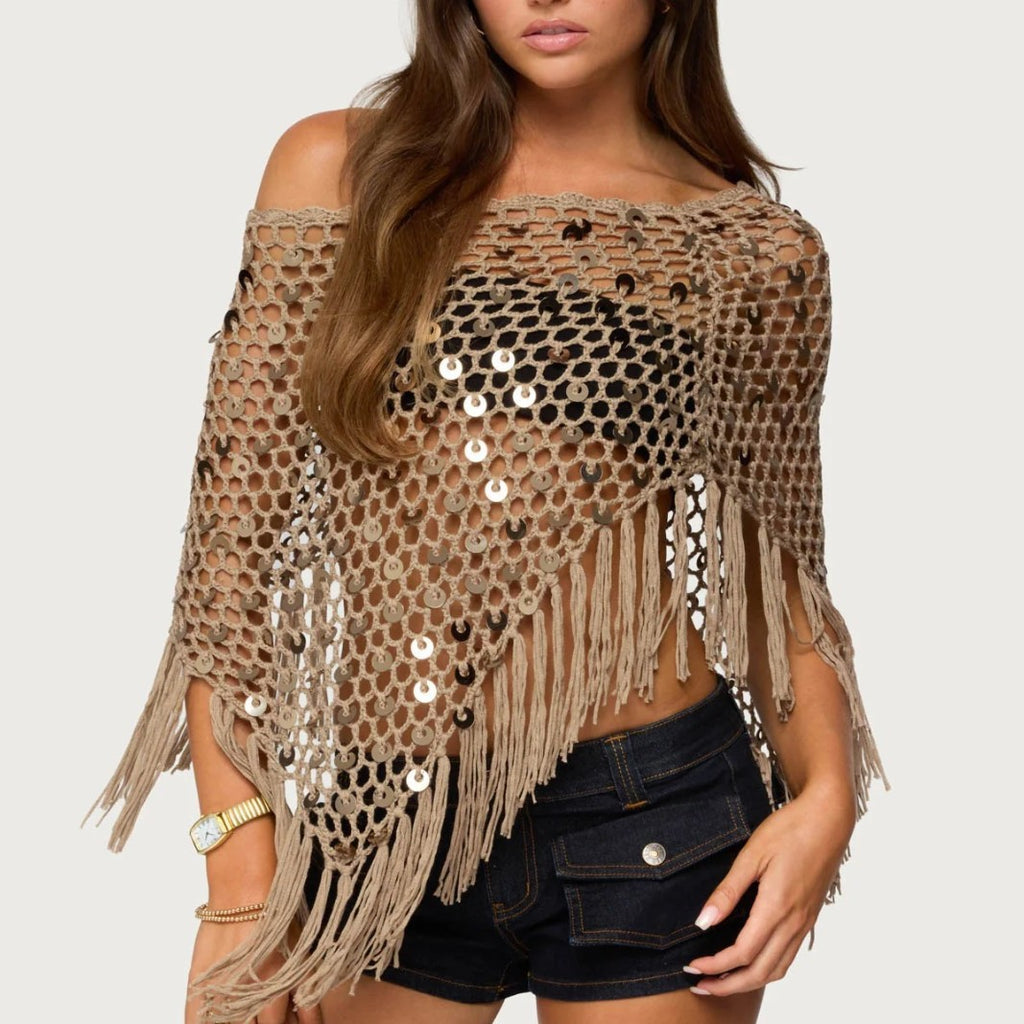 Handmade Sequin-Embroidered Triangle Shawl with Tassels
