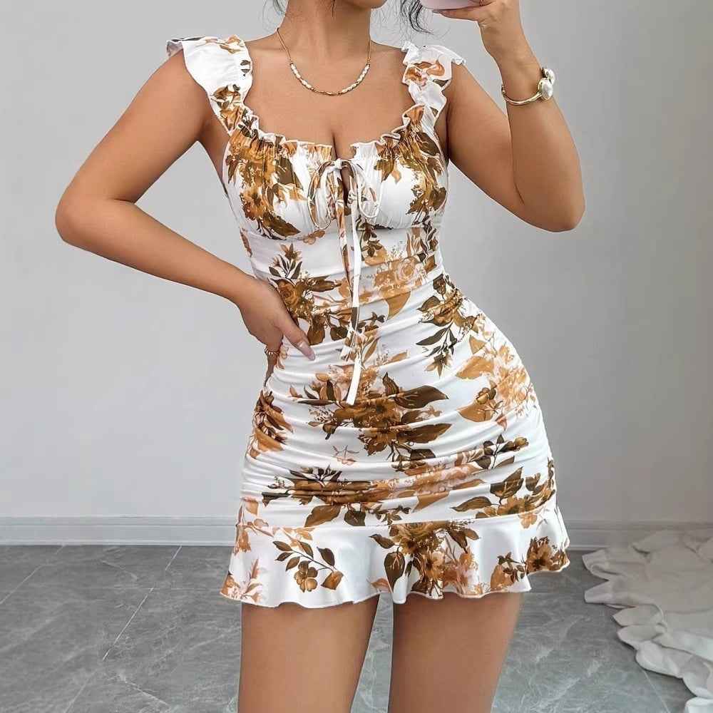 Floral Print Sleeveless Mini Dress – Slim Fit for Women